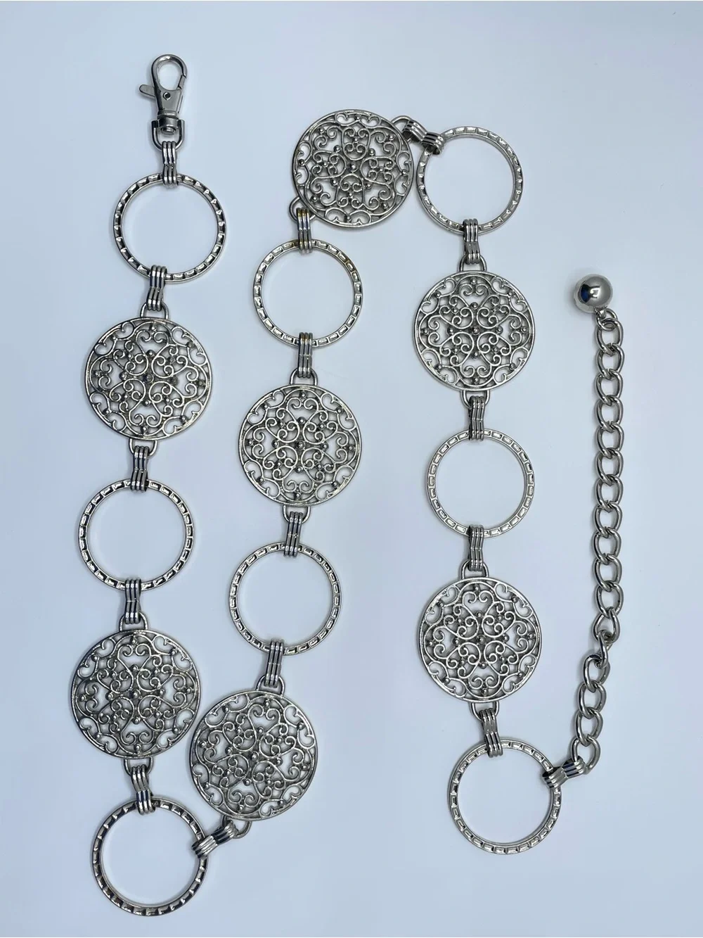 Silver Tone Filigree Disc Chain Belt Boho Retro Statement Adjustable Modern